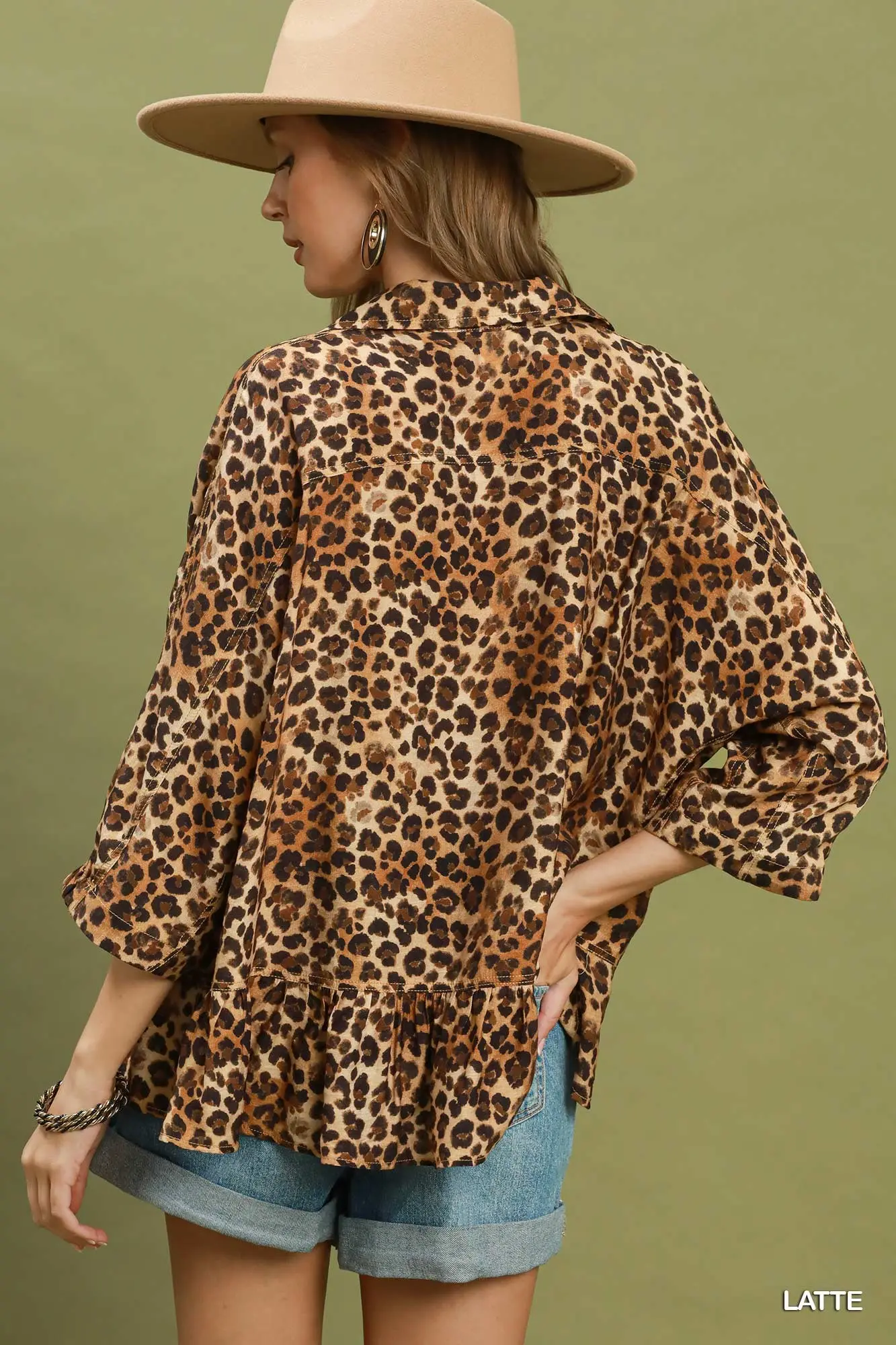 Umgee Latte Brown Leopard Print Collared Button Detail Top