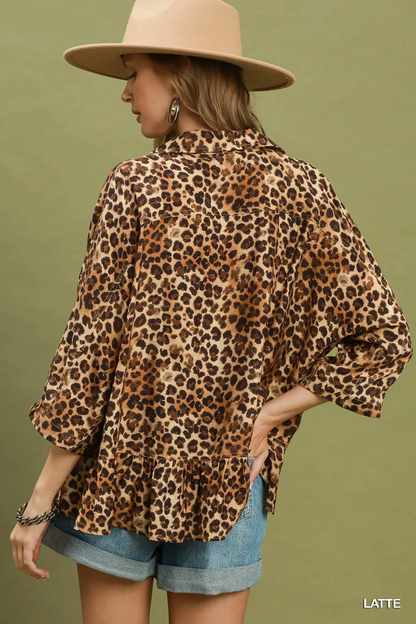 Umgee Latte Brown Leopard Print Collared Button Detail Top