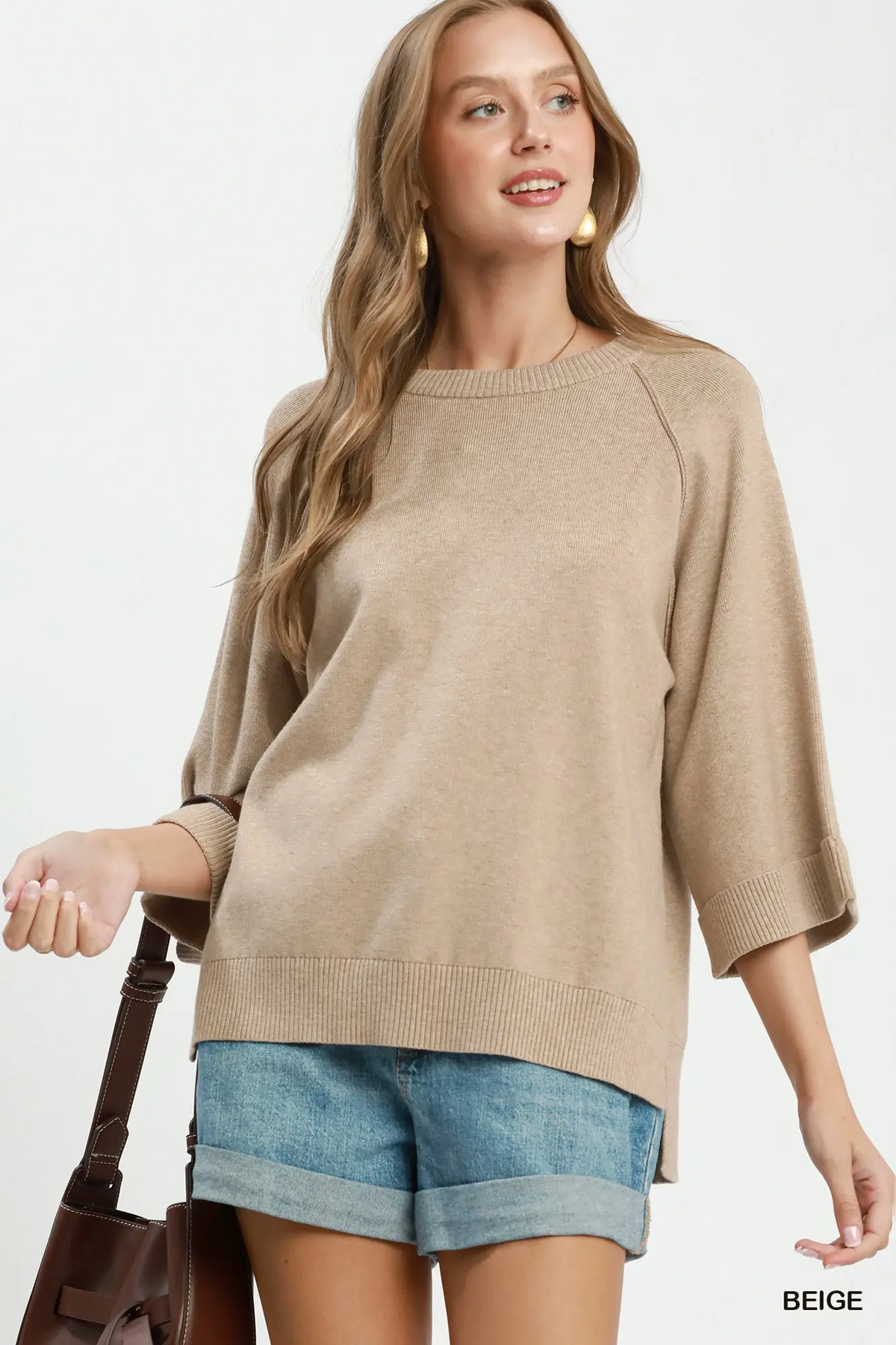Umgee Beige Crewneck Pullover Sweater Knit Top