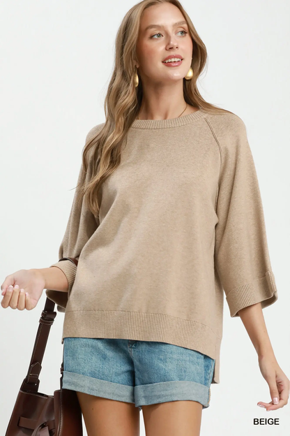 Umgee Beige Crewneck Pullover Sweater Knit Top