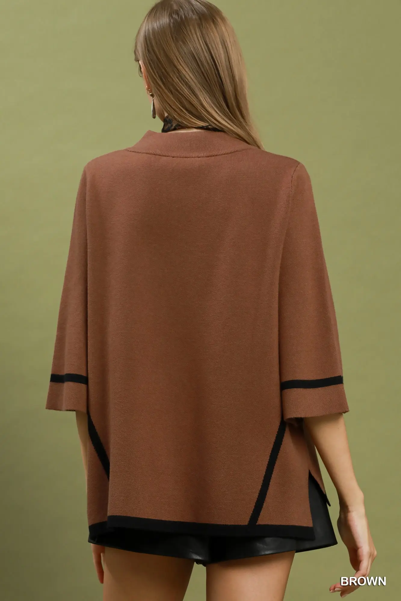 Umgee Brown Mock Neck Contrast Trim Short Sleeve Knit Sweater Top