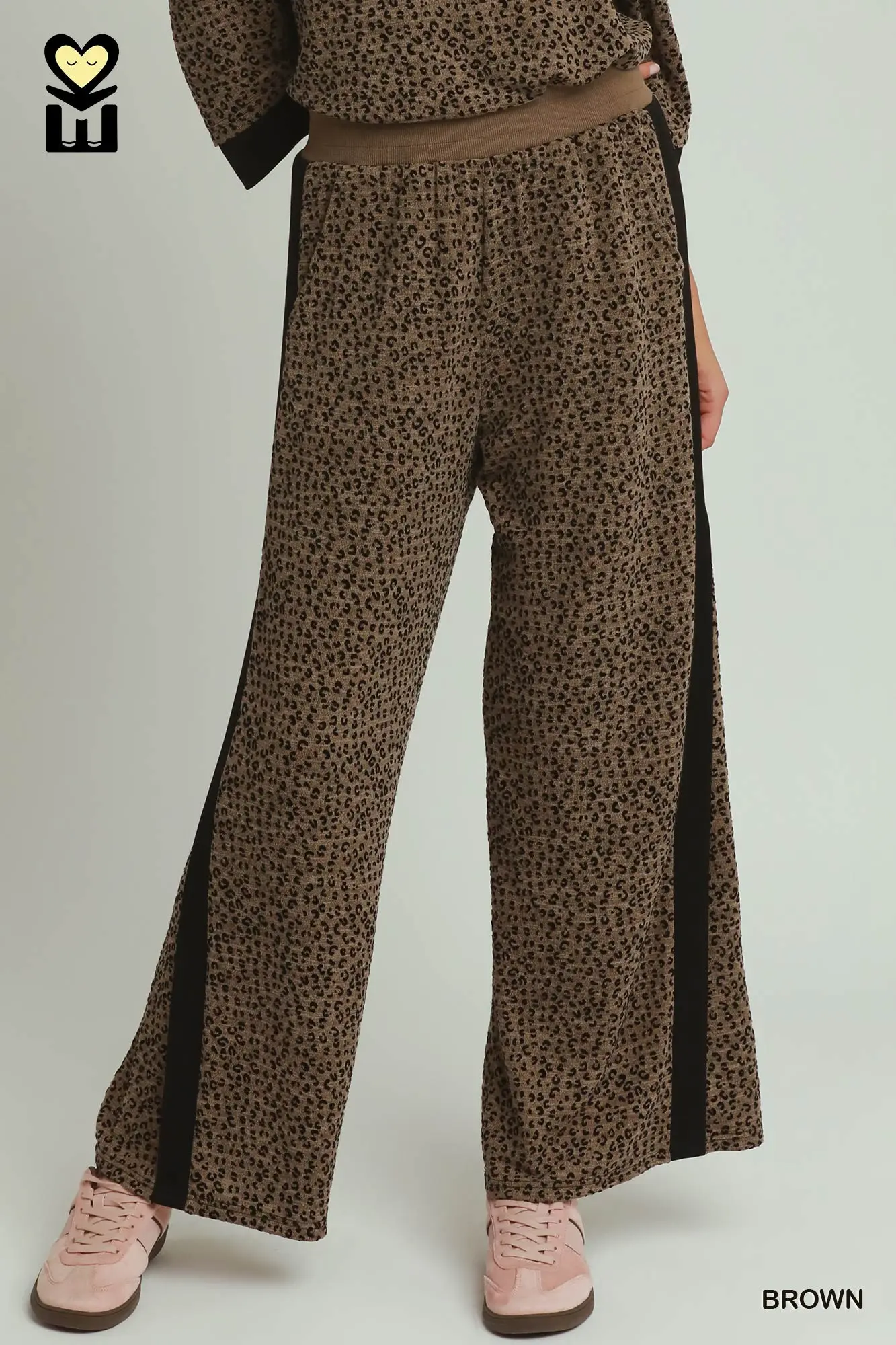 Umgee. Brown Leopard Velvet Blend Wide Leg Pants