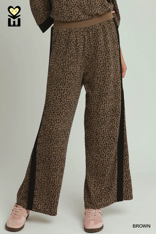 Umgee. Brown Leopard Velvet Blend Wide Leg Pants