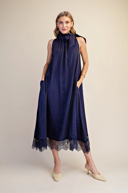 Glam Navy Ruffle Neck Adjustable Tie Lace Trim Midi Dress