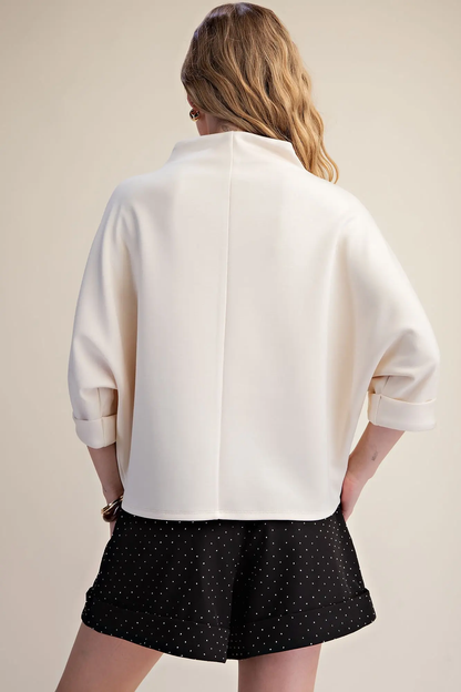 Glam Ivory Mock-Neck 3/4 Sleeve Everyday Top