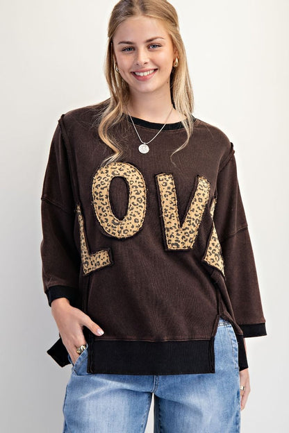 Easel Plus Size Love Patch Front Washed Terry Pullover