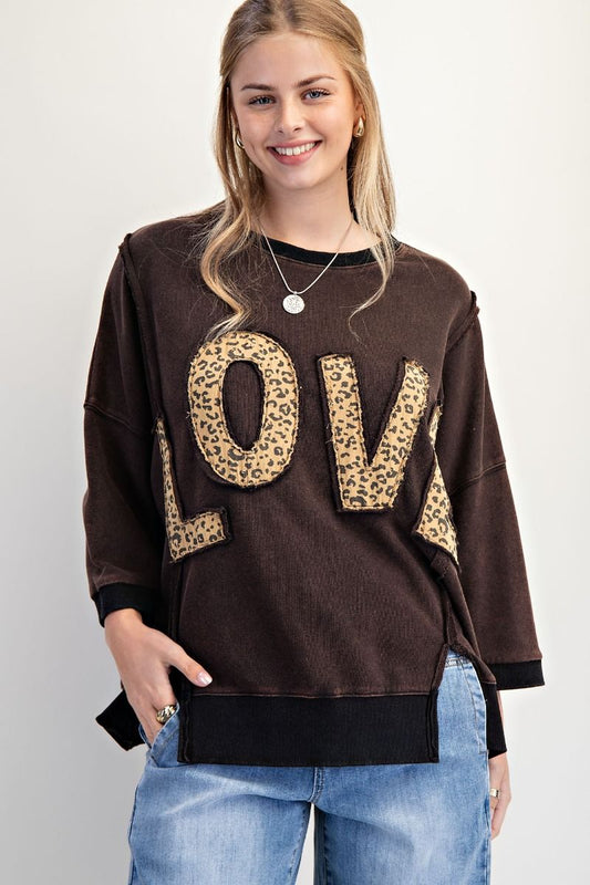 Easel Plus Size Love Patch Front Washed Terry Pullover