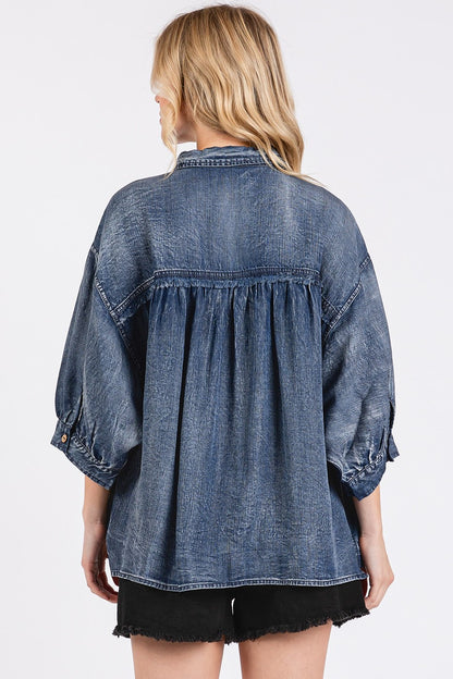 MittoShop Dark Denim Washed Tencel Chambray Dolman Sleeve Shirt