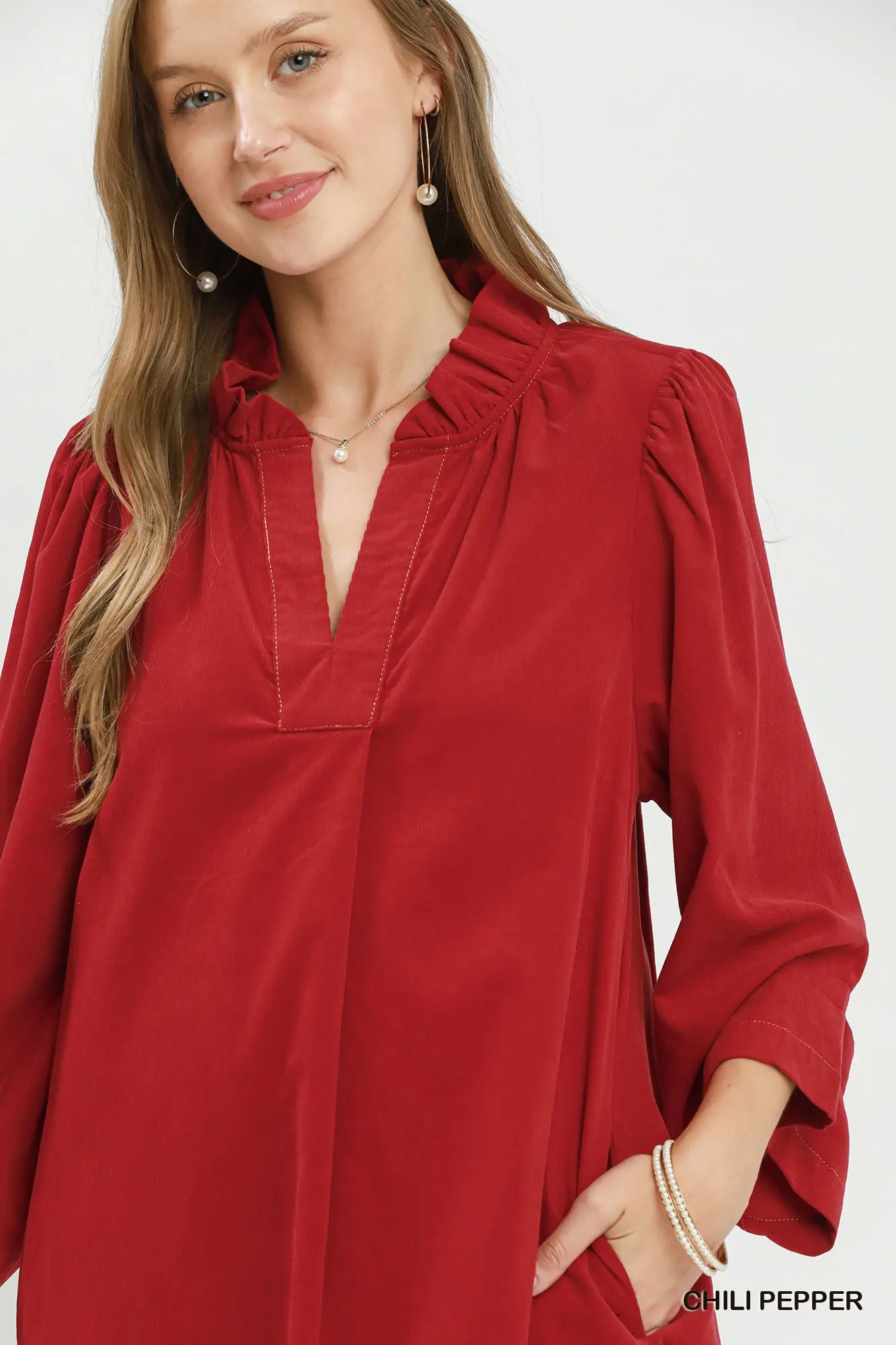 Umgee Chili Pepper Corduroy Split Neck Puff Sleeve Shift Dress