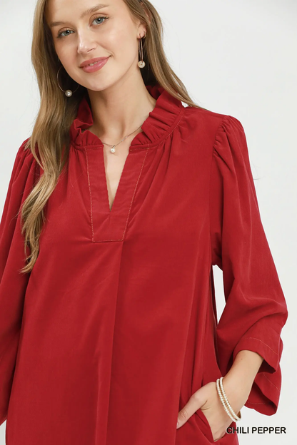 Umgee Chili Pepper Corduroy Split Neck Puff Sleeve Shift Dress