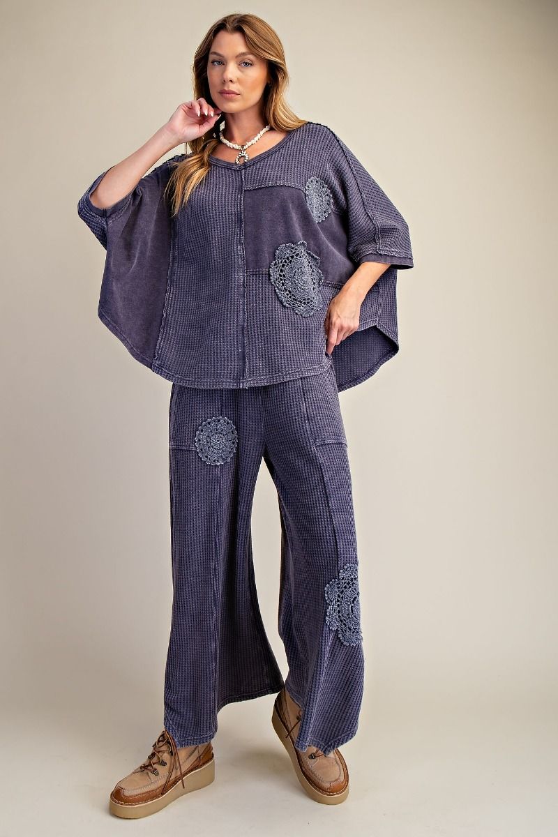 Easel Midnight Blue Crochet Patch Detailing Washed Thermal Top