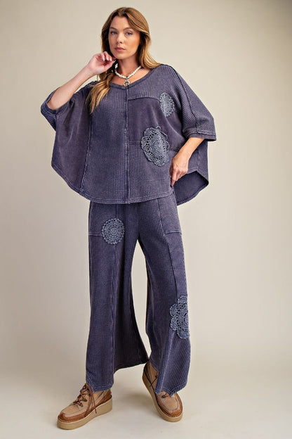 Easel Midnight Blue Crochet Patch Detailing Washed Thermal Top