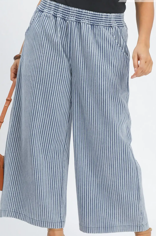 Umgee Plus Size Stone Wash Stripe Wide-Leg Pants