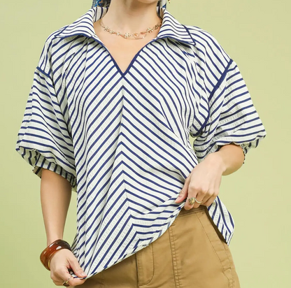 Umgee Navy Chevron Stripe Collared Relaxed Top