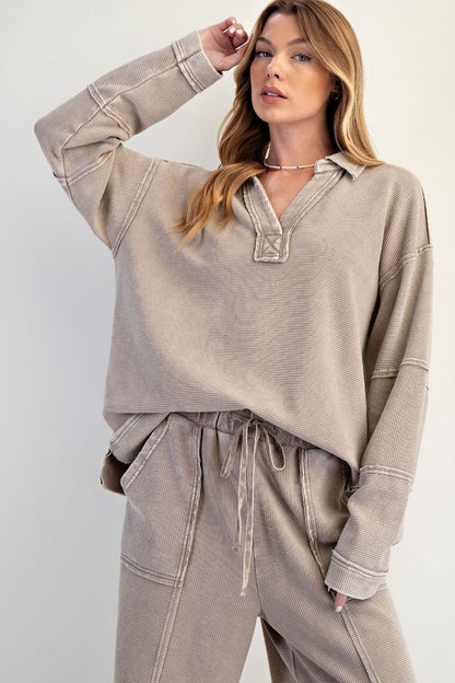 Easel Light Mocha Textured Thermal Washed Pullover