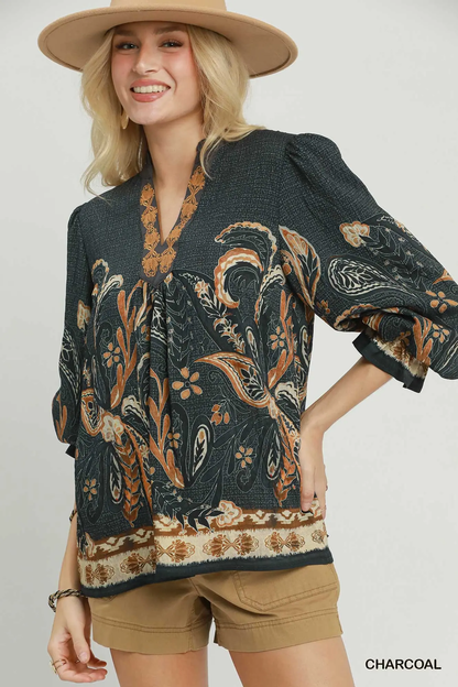 Umgee Charcoal Paisley Border Print Boho Blouse