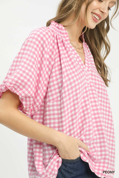 Umgee Peony Gingham Bubble Sleeve V-Neck Top w/ Scallop Hem