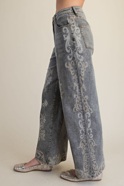 Easel Ash Denim BORDER EMBROIDERED DETAILING STONE WASHED DENIM PANTS