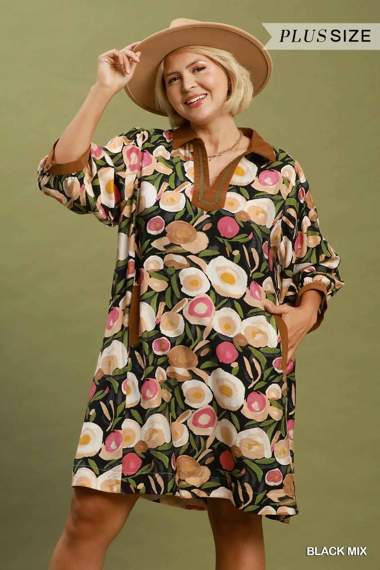 Umgee Plus Size Black Mix Floral Contrast Trim Shift Mini Dress