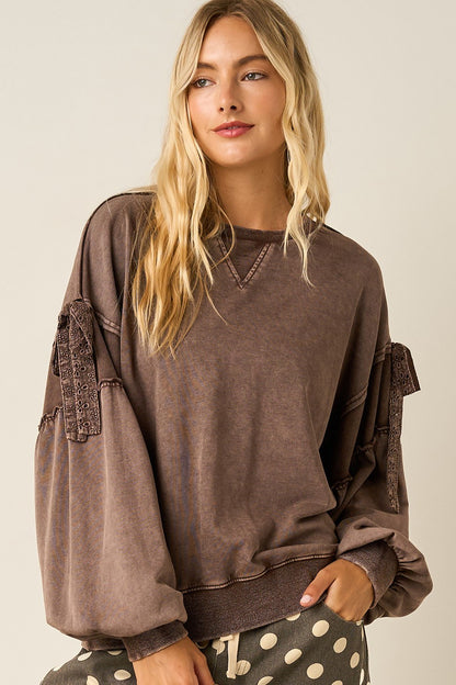 Mittoshop Brown Bow Applique Washed Balloon Sleeve Sweatshirt