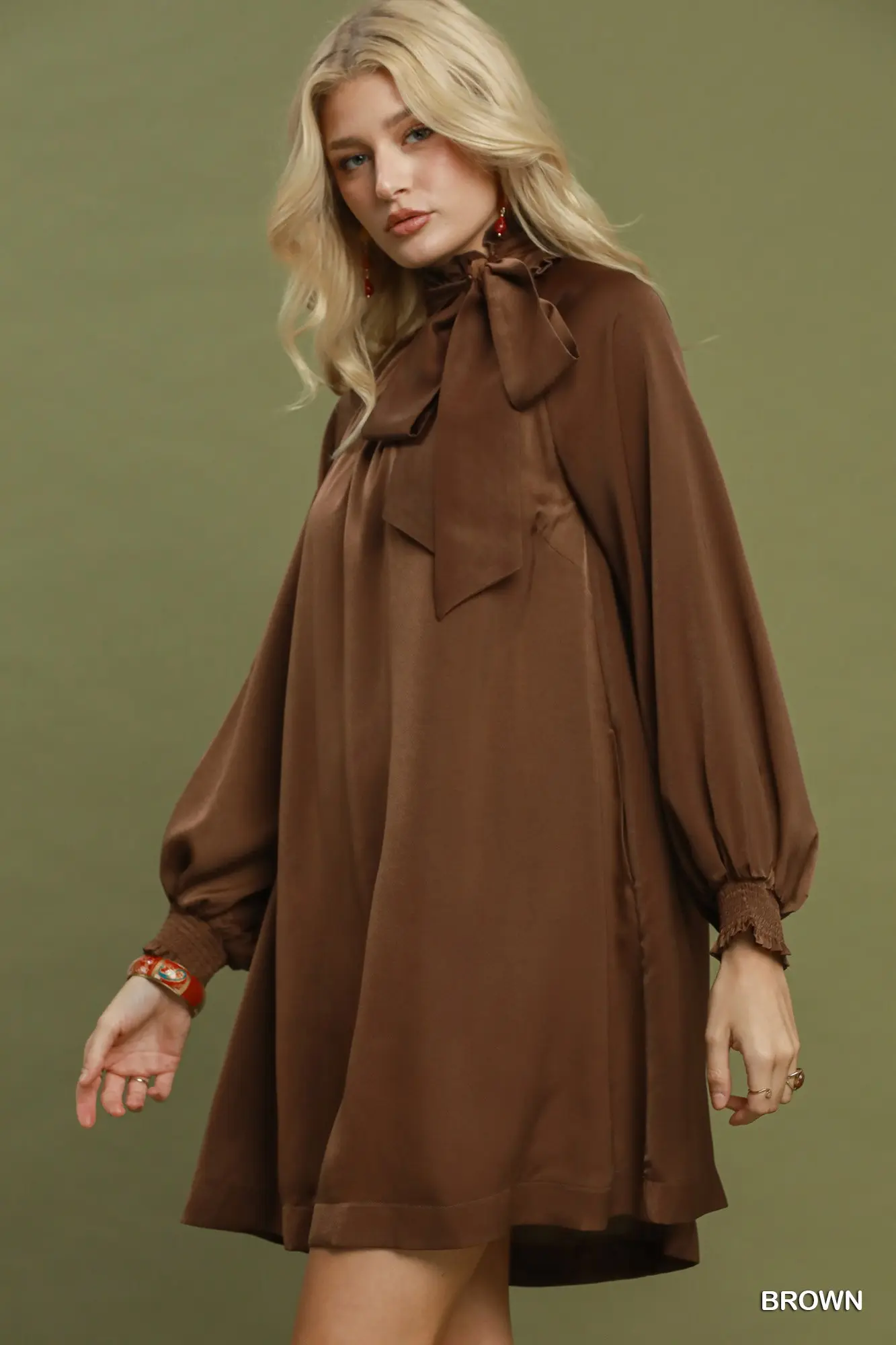 Umgee Brown Satin Tie Neck Mini Dress