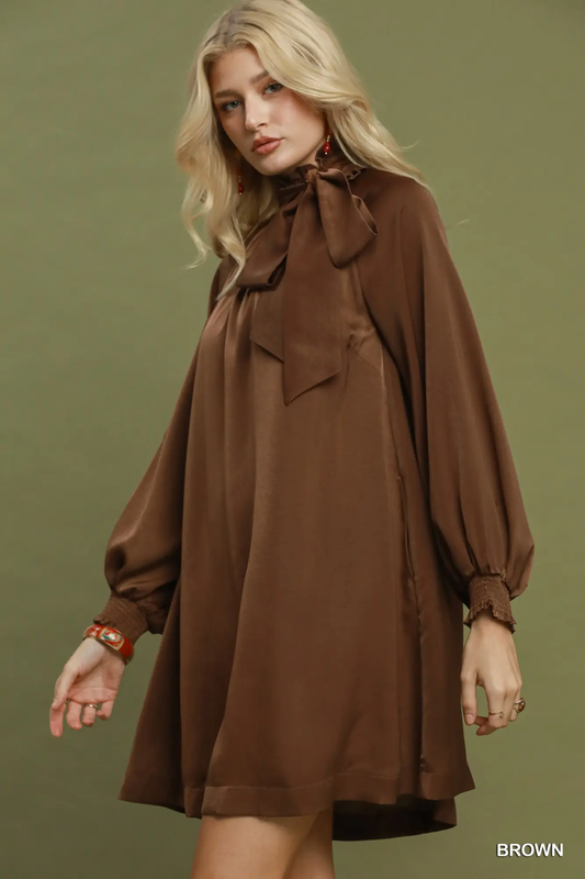 Umgee Brown Satin Tie Neck Mini Dress