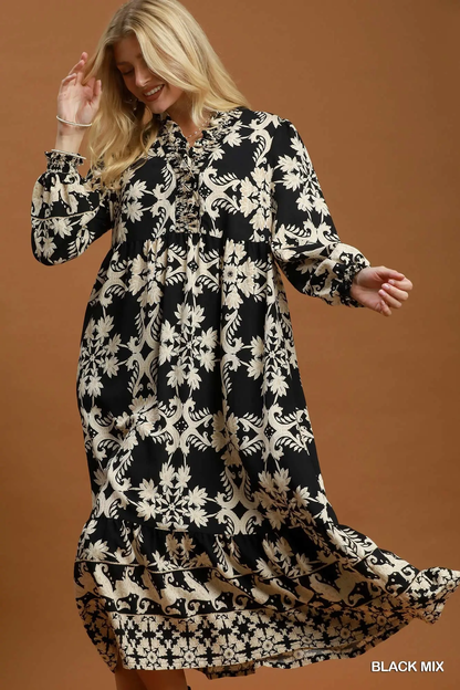 Umgee Black Mix Border Print Ruffle Maxi Dress