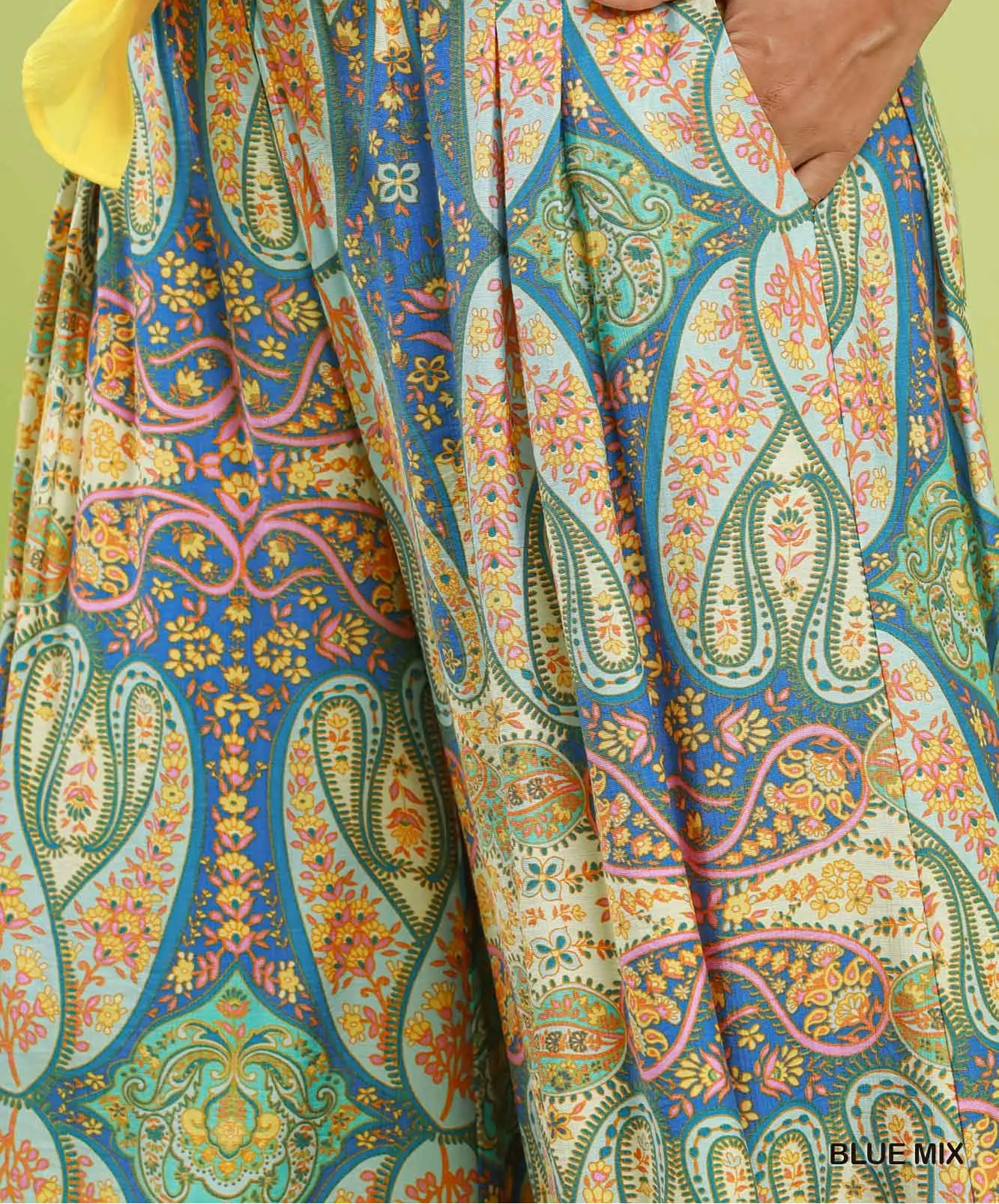 Umgee Blue Mix Printed Pull On Wide Leg Pants