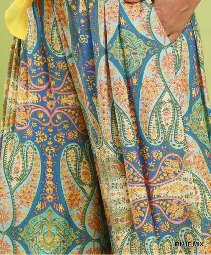 Umgee Blue Mix Printed Pull On Wide Leg Pants