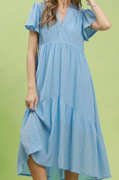Umgee Light Blue Textured Tiered Midi Dress