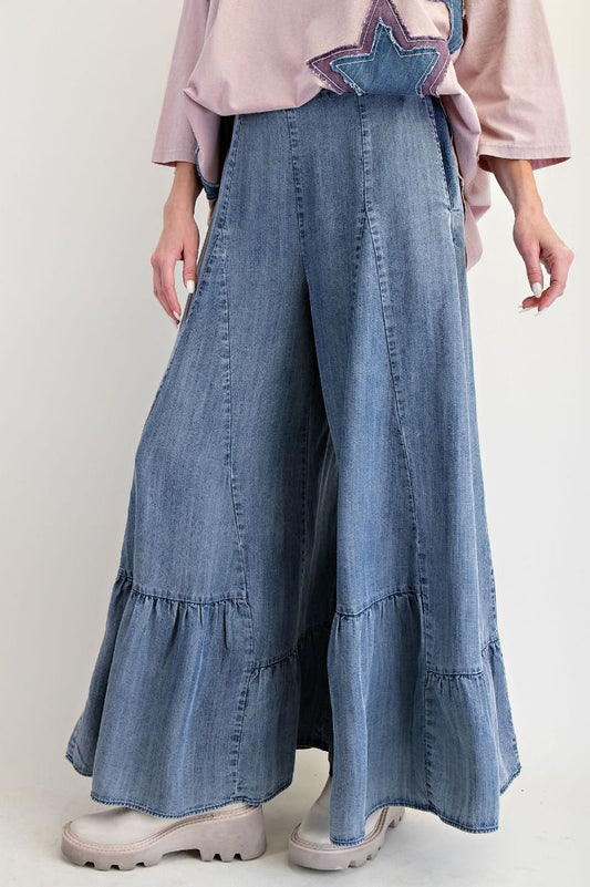 Easel Ruffle Bottom Hem Washed Denim Palazzo Pants