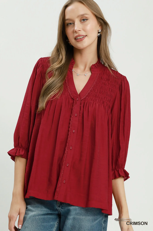 Umgee Crimson Smocked Yoke Button Front Blouse
