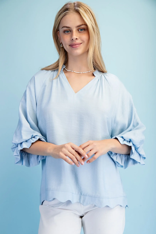 Gigio Sky Blue Scalloped Edged V-Neck Blouse