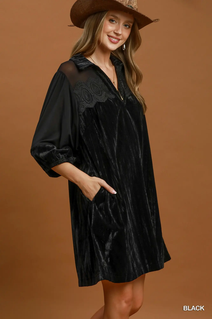 Umgee Black Crushed Velvet Mini Dress