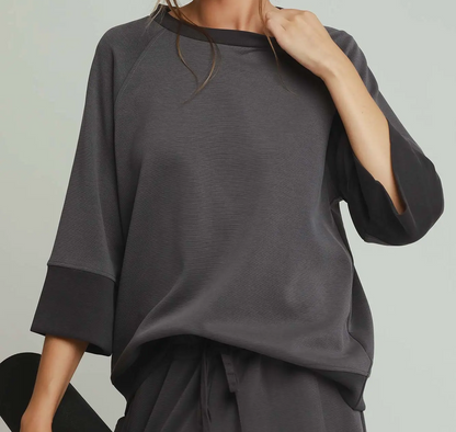 Umgee Charcoal CLOUDKNIT Modal & Tencel 3/4 Raglan Sleeve Colorblock Crewneck Top