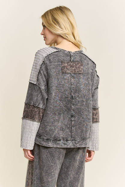 J. Her Ash Black Mineral Washed Leopard Cheetah Star Patched Top