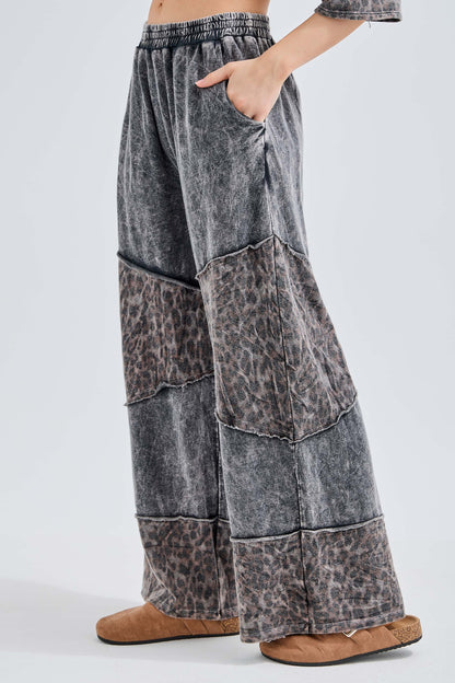 J. Her Ash Black Mineral Washed Leopard Asymmetrical Tier Pants