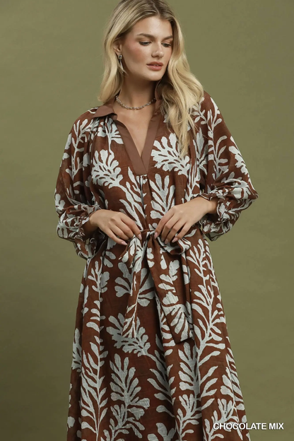 Umgee Chocolate Mix Botanical Print Belted Midi Dress