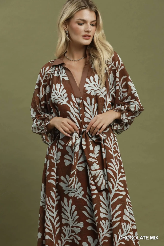 Umgee Chocolate Mix Botanical Print Belted Midi Dress