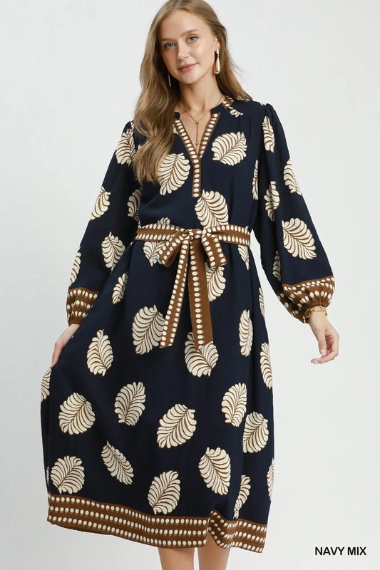 Umgee Navy Mix Leaf Print Belted Midi Dress