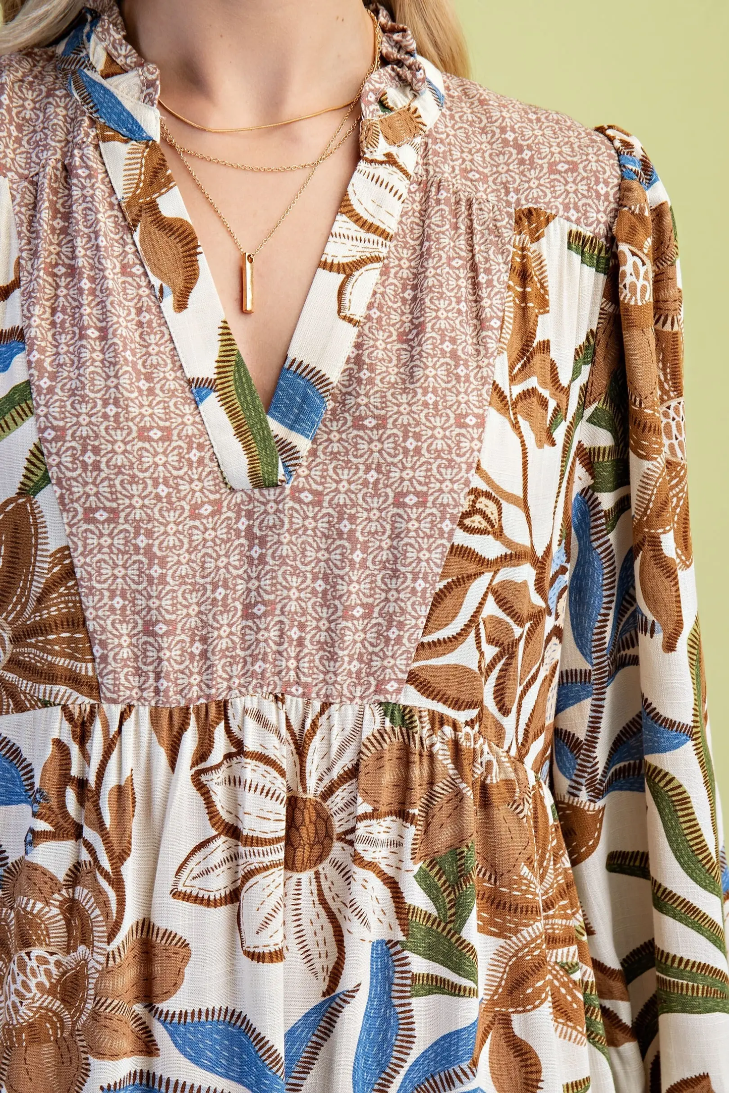 Gigio Mixed Print Tiered V-Neck Midi Dress