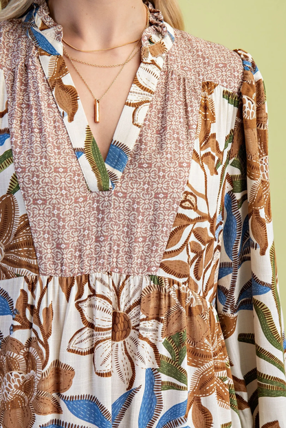 Gigio Mixed Print Tiered V-Neck Midi Dress