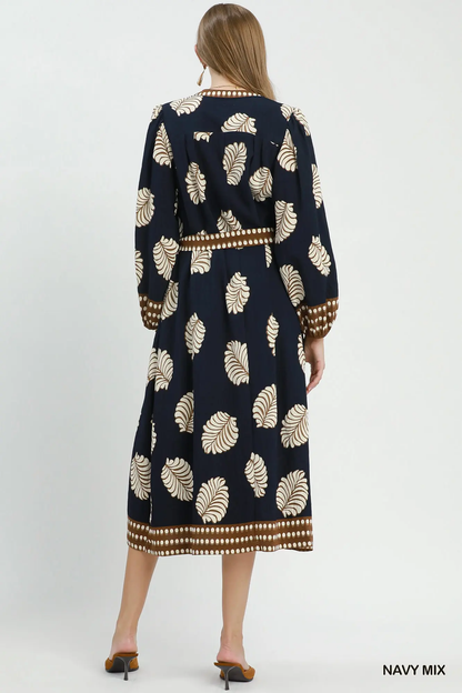 Umgee Navy Mix Leaf Print Belted Midi Dress