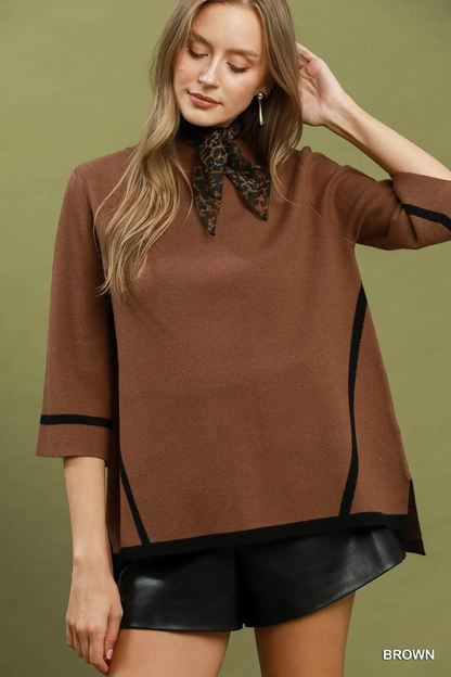 Umgee Brown Mock Neck Contrast Trim Short Sleeve Knit Sweater Top