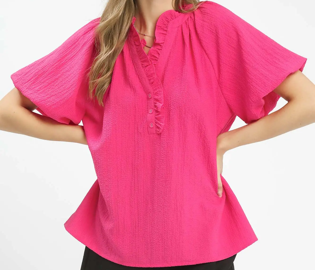 Umgee Fuchsia Ruffle Neck Tunic Top