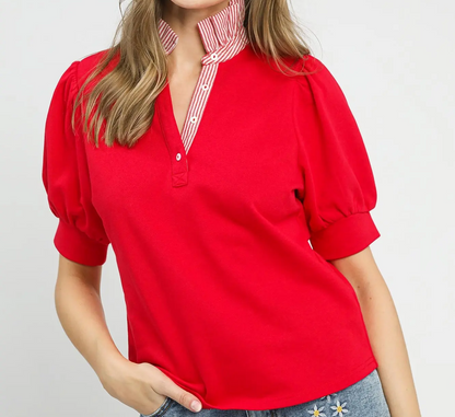 Umgee Red Striped Collar Popover Top