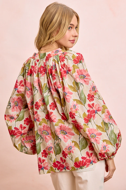 BIBI Floral Print Exaggerated Balloon Sleeve Top