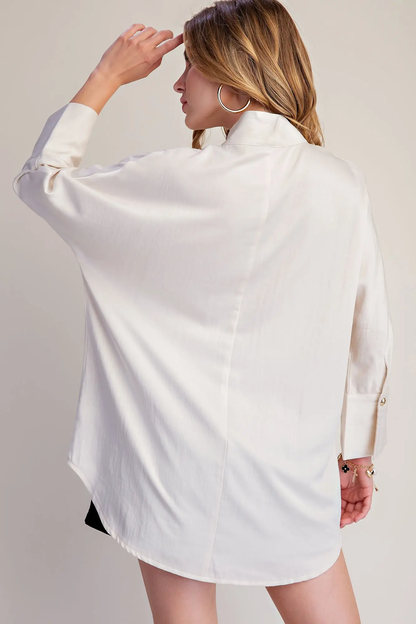 Glam Ivory Stand Neck Button Placket Dolman Sleeves Shirt