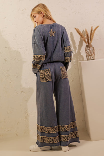Sage + Fig Denim Blue Leopard Star Mineral Wash Lounge Set