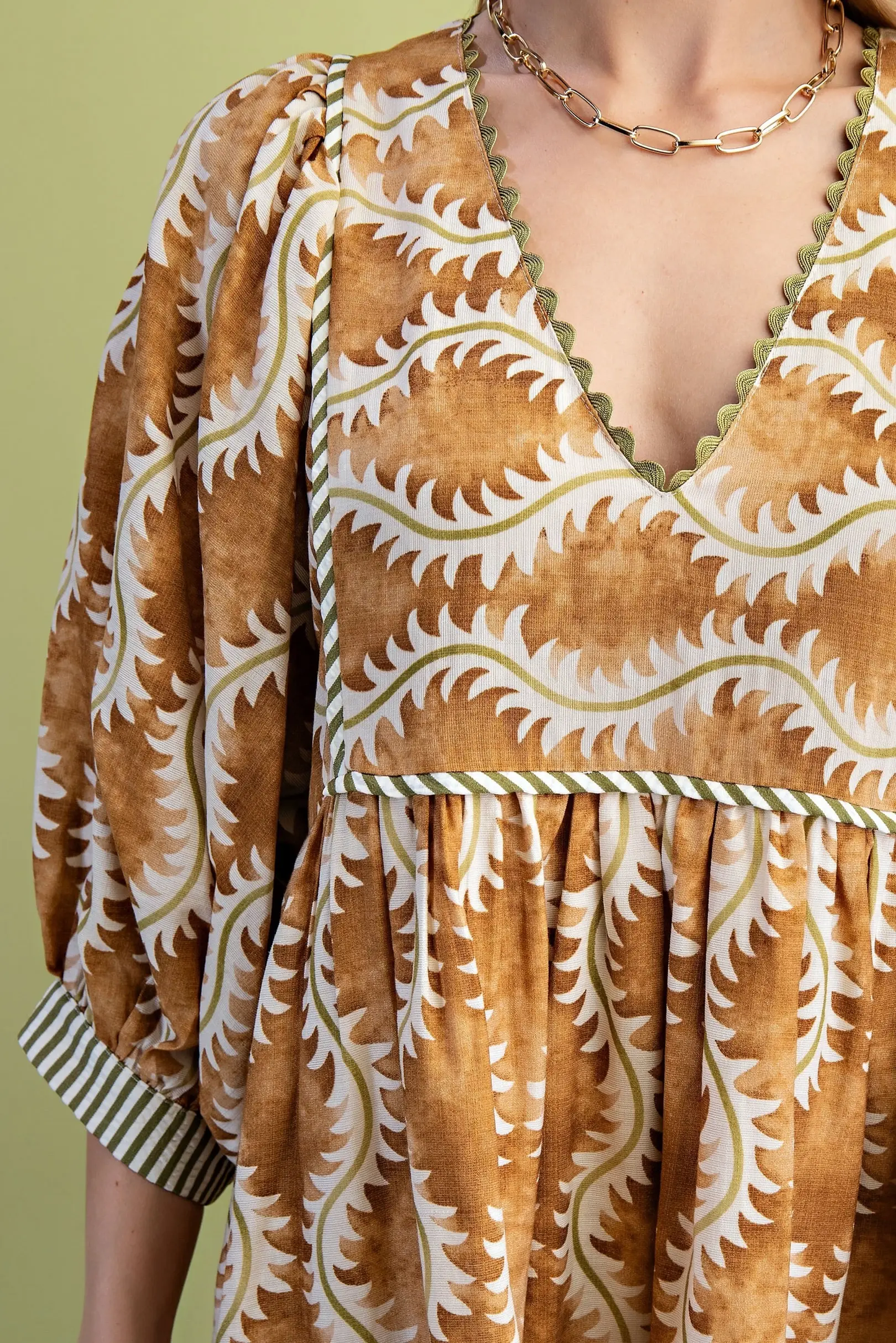 Gigio Printed V-Neck Mini Dress with Striped Binding and Ric-Rac Trim Details